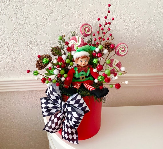 Christmas Centerpiece Elf with lollipops Decor Luxury Christmas Table Decor Christmas tree Compliment Unique Christmas gift, Harlequin Bow,