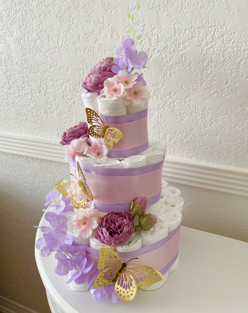 Butterfly Diaper Cake, Lavender Pink Diaper Cake for a Girl, Fairy Tail table decor, Baby Shower cake, It's a Girl cake, Baby Shower gift image 3