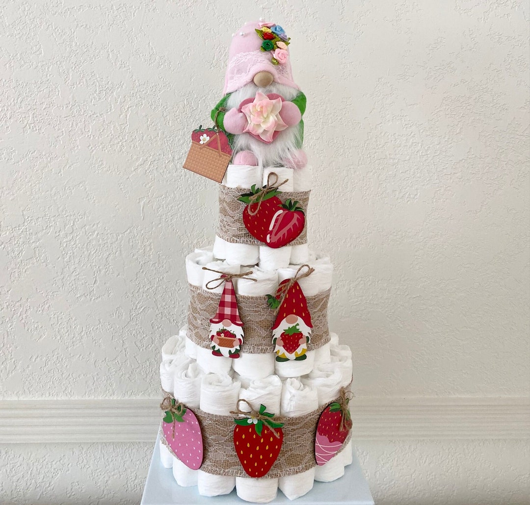 Strawberry Gnome Diaper Cake, Gender Neutral Cake, Rustic Table Decor