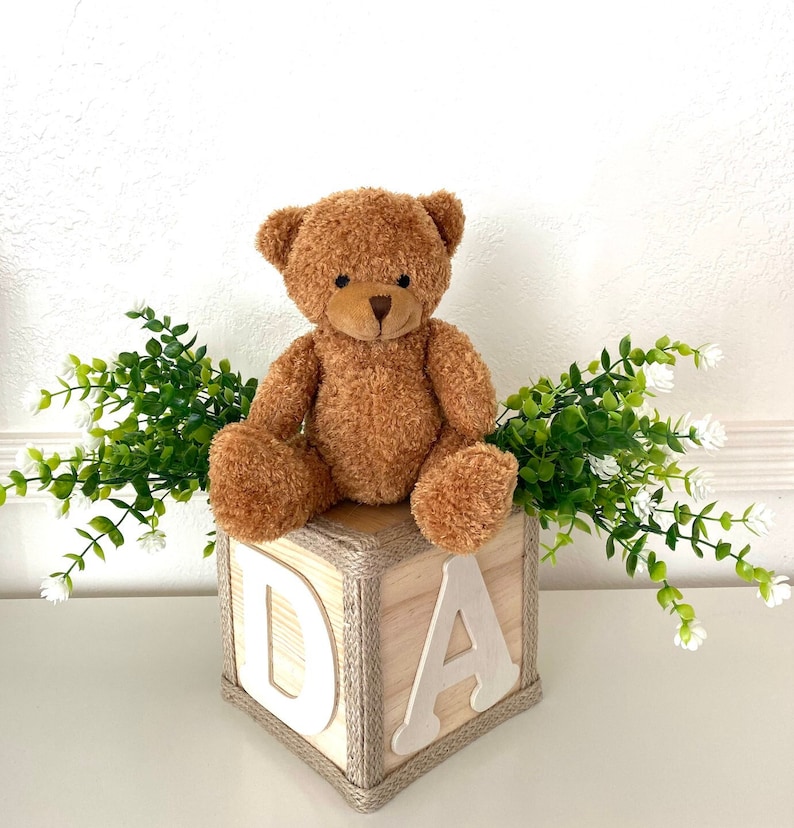 May include: A brown teddy bear sitting on a wooden block with the letters "D" and "A" on it. The block is wrapped in twine. There are green plants with white flowers on either side of the bear.