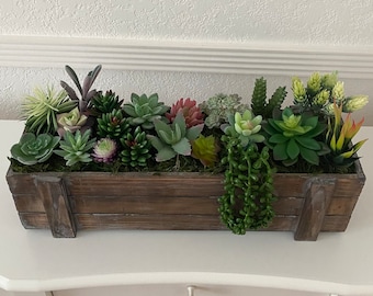Artificial Succulent Centerpiece, Smoked Wooden box, Farmhouse Planter Includes REMOVABLE PLASTIC LINERS, Boho Centerpiece Succulent planter