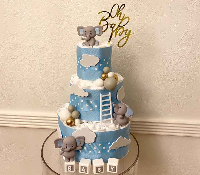 Elephant Diaper Cake, 3 Tier Elephant Themed Diaper Cake, Safari table decor, Oh Baby Cake, Baby Shower Gift, Little Peanut Baby Shower image 6