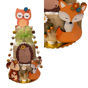 Woodland Animals Diaper Cake, 3 Tier Forest Themed Diaper Cake, Woodland table decor, Baby Shower cake Baby Shower gift, Gender Neutral gift