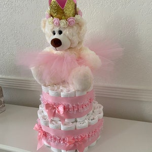Princess Diaper Cake, 2 Tier Diaper Cake for a Girl Princess table decor, Baby Shower cake It's a Girl cake Baby Shower gift 1st Teddy bear image 3