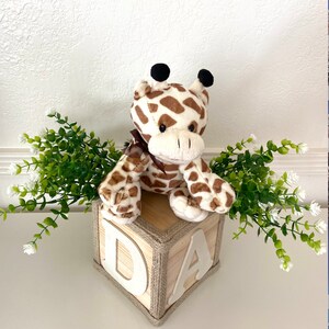 May include: A wooden block with the letters "DA" painted on it. A stuffed giraffe toy is sitting on top of the block. The block is decorated with twine.