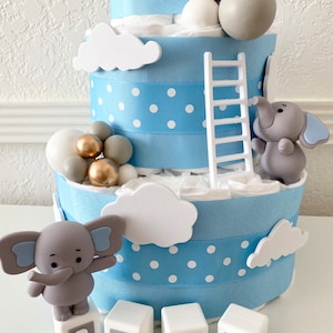 Elephant Diaper Cake, 3 Tier Elephant Themed Diaper Cake, Safari table decor, Oh Baby Cake, Baby Shower Gift, Little Peanut Baby Shower image 3
