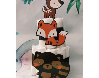 Woodland Theme Diaper Cake, 2 Tier Little Creatures Diaper Cake, Woodland Birthday, Woodland decor, Baby Shower cake, Woodland Centerpiece