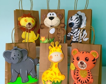 Set of 6 Treat Bags, 8.5" Height Gift Bags with Safari Animals Foam Decorations for a Baby Shower, 3 different styles