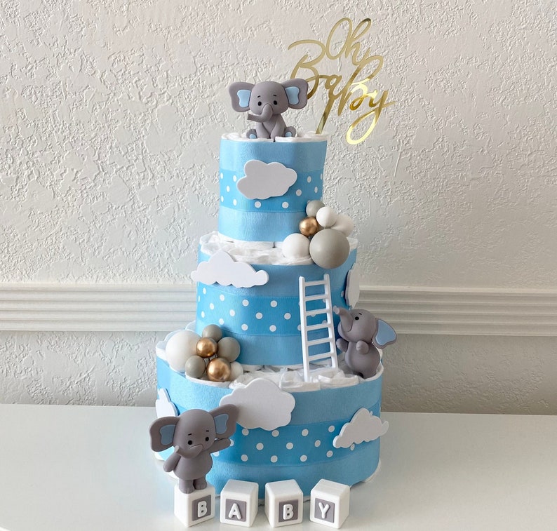Elephant Diaper Cake, 3 Tier Elephant Themed Diaper Cake, Safari table decor, Oh Baby Cake, Baby Shower Gift, Little Peanut Baby Shower image 1