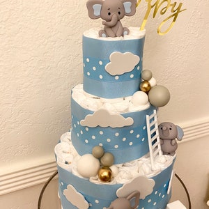 Elephant Diaper Cake, 3 Tier Elephant Themed Diaper Cake, Safari table decor, Oh Baby Cake, Baby Shower Gift, Little Peanut Baby Shower image 8