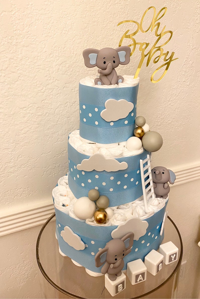 Elephant Diaper Cake, 3 Tier Elephant Themed Diaper Cake, Safari table decor, Oh Baby Cake, Baby Shower Gift, Little Peanut Baby Shower image 8
