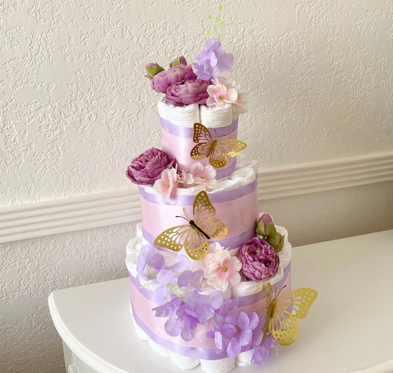 Butterfly Diaper Cake, Lavender Pink Diaper Cake for a Girl, Fairy Tail table decor, Baby Shower cake, It's a Girl cake, Baby Shower gift image 1