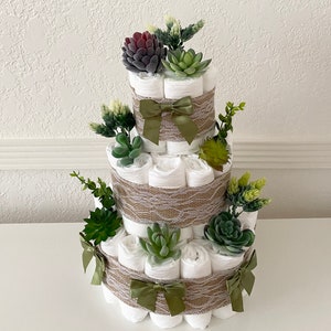 Succulent Diaper Cake, 3 Tier Artificial Succulent  Themed Diaper Cake, Boho table decor, Boho Baby Shower cake,  Gender Neutral baby gift