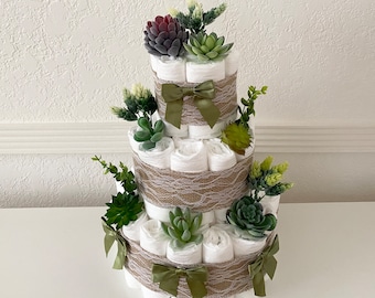 Succulent Diaper Cake, 3 Tier Artificial Succulent  Themed Diaper Cake, Boho table decor, Boho Baby Shower cake,  Gender Neutral baby gift