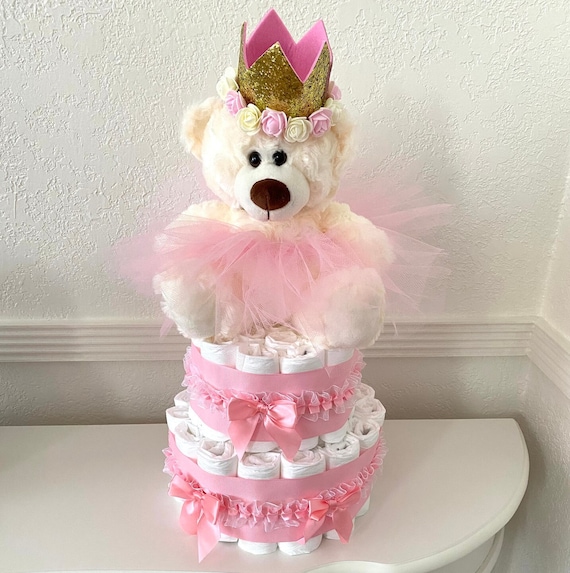 Princess Diaper Cake, 2 Tier Diaper Cake for a Girl Princess table decor, Baby Shower cake It's a Girl cake Baby Shower gift 1st Teddy bear