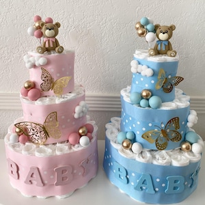 Gâteau de couches ours 3 gâteaux de couches pour fille ou garçon, décoration de table de princesse, gâteau de baby shower, gâteau de fille, gâteau de garçon, cadeau de baby shower