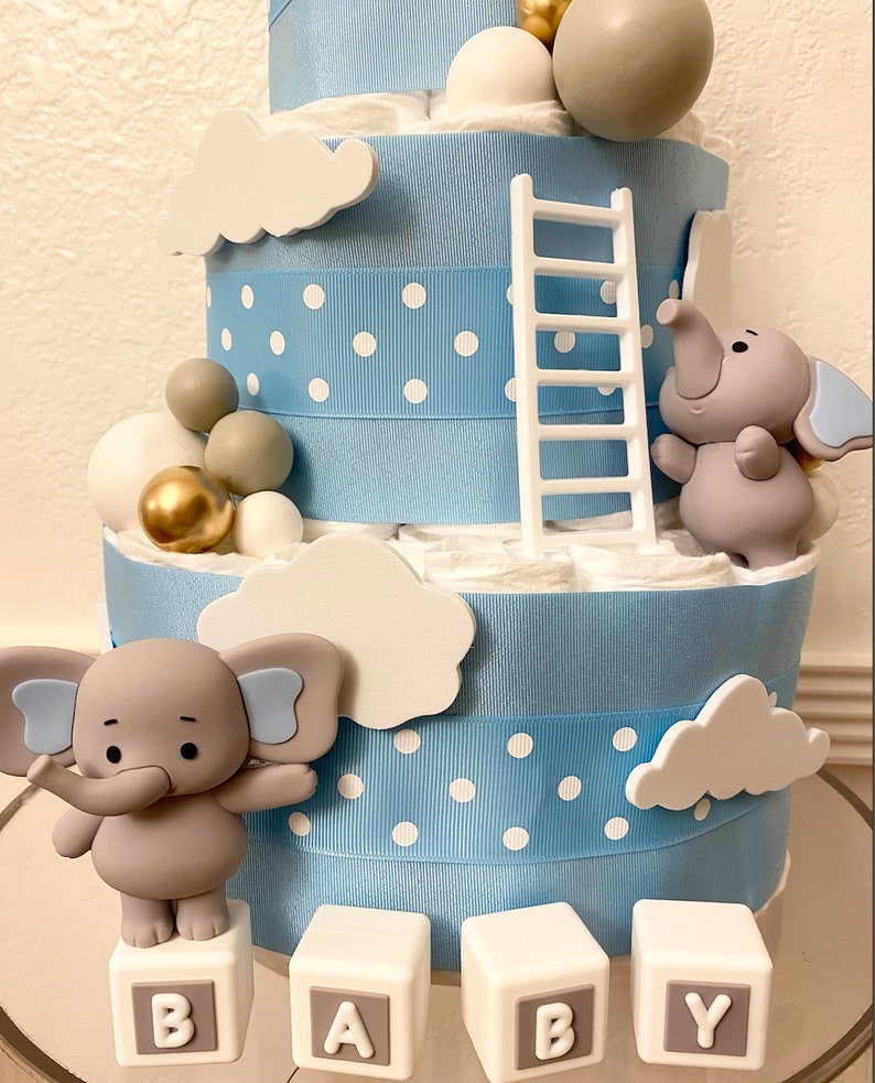 Elephant Diaper Cake, 3 Tier Elephant Themed Diaper Cake, Safari table decor, Oh Baby Cake, Baby Shower Gift, Little Peanut Baby Shower image 4