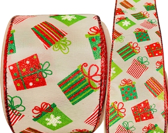 Christmas Present boxes Ribbon, White red green ribbon for bows, 10 yards 2.5" wide Gift wrapping ribbon, wreath accessories, Wired Edges