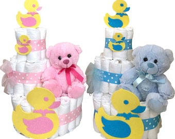 Bär Windeltorte Geschenk zur Babyparty - 3-stöckige Badewanne & Enten-Motiv für Junge oder Mädchen