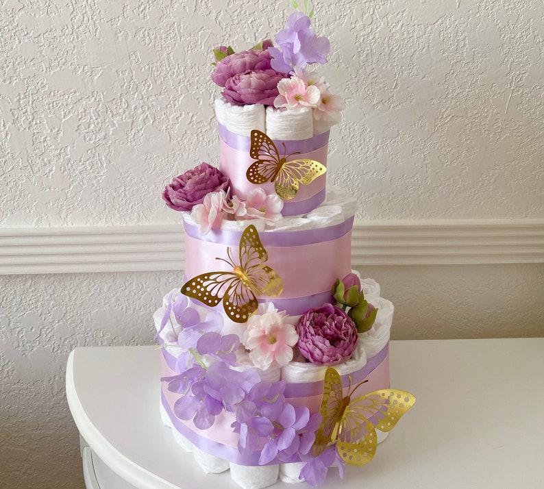 Butterfly Diaper Cake, Lavender Pink Diaper Cake for a Girl, Fairy Tail table decor, Baby Shower cake, It's a Girl cake, Baby Shower gift image 2