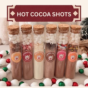 May include: Six glass test tubes filled with hot cocoa mix, topped with mini marshmallows, and sealed with cork stoppers. Each tube features a circular label with a cat illustration and the text HOT COCOA SHOTS at the top.