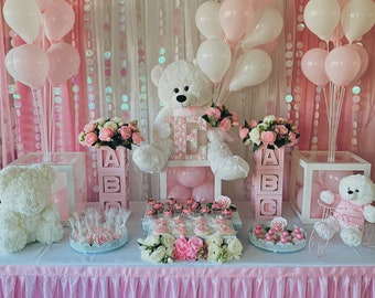 Bear and ABC Block Baby Shower or Birthday, Beautiful Table For Sweets, Personalized With The Rose Letter, Flowers and Balloons, B200S35