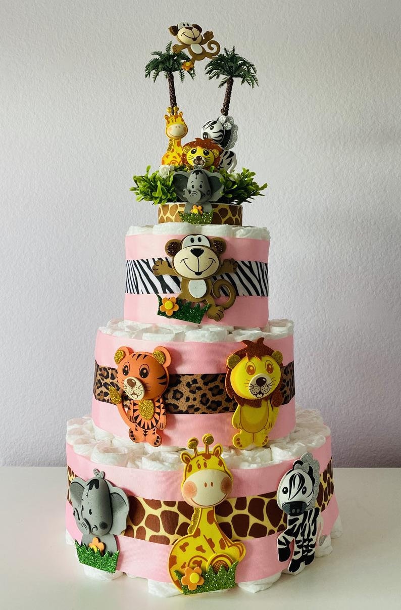 Safari Animals Diaper Cake 3 Tier Jungle Themed Diaper Cake Etsy