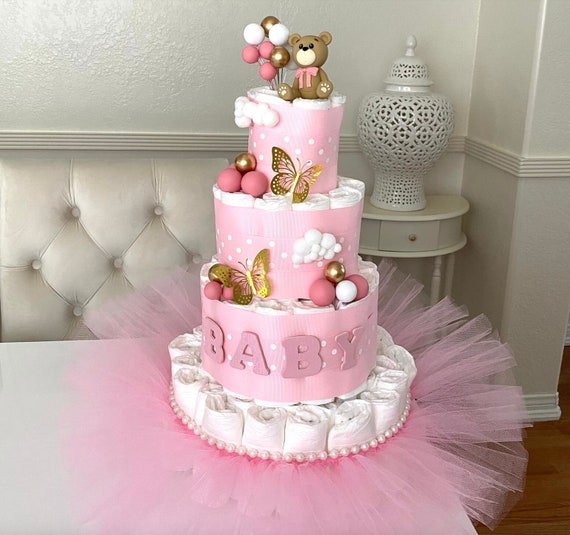 Bear Diaper Cake, 3 or 4 Tier Diaper Cake for a Girl, Princess table decor, Baby Shower cake, It's a Girl cake, Baby Shower gift