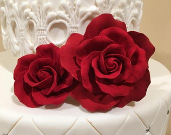 Set of 3 Beautiful Red Roses sugar gum paste red roses cake topper for your cakes