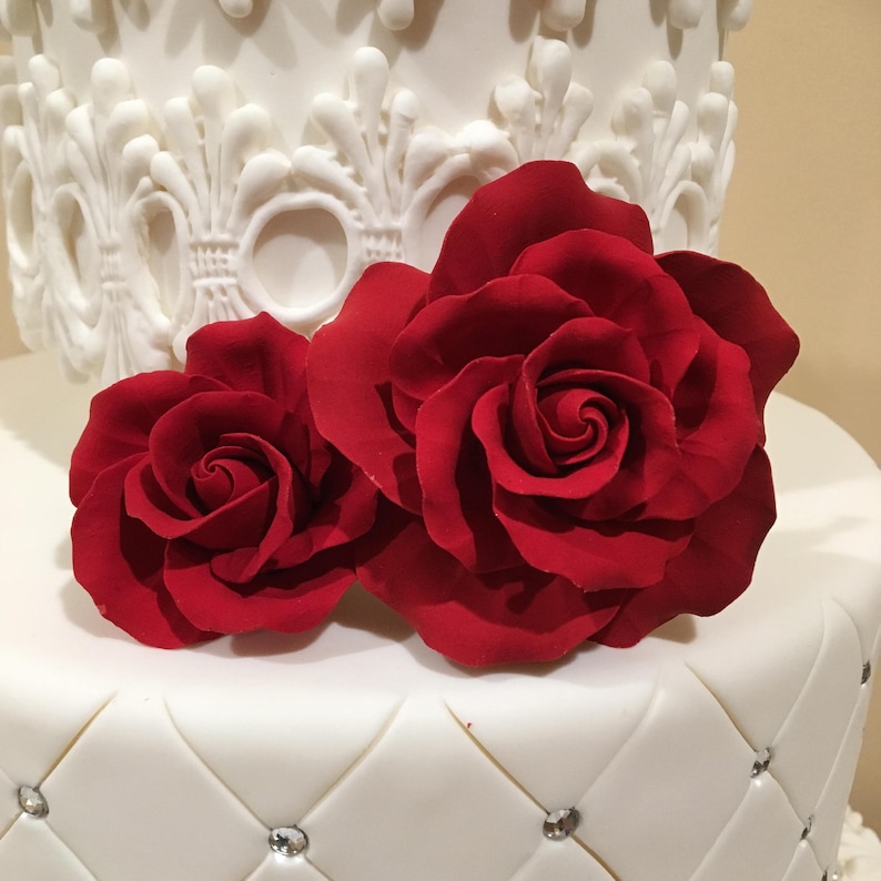 Set of 3 Beautiful Red Roses sugar gum paste red roses cake topper for your cakes image 1