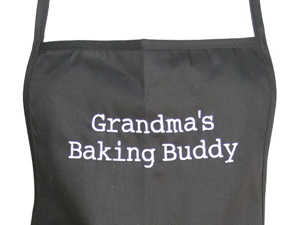 Grandma's Baking Buddy (Youth Apron with Pockets) Black with White Stitching