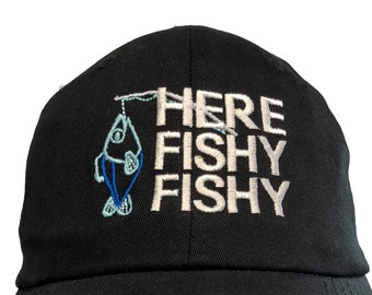 Here Fishy Fishy with fish and pole - Polo Style Ball Cap (Black or Khaki)