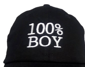 100% BOY (Youth Dad Cap Polo Style Ball Cap - Black with White Stitching