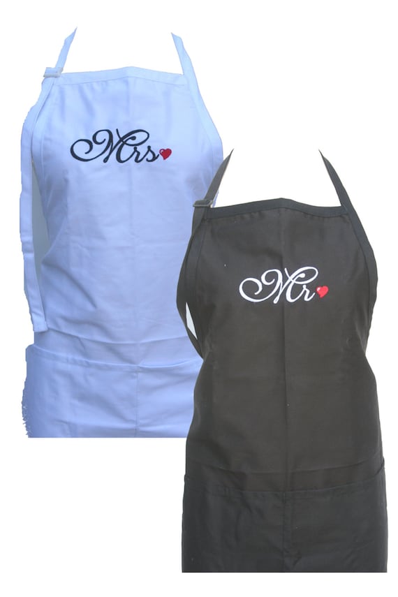 Mr & Mrs. in Script with Heart (Set of Adult Aprons for the Bridal Couple)