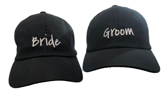 Bride and Groom Set of Hats (2) New Style - Ball Cap (Black with White Stitching)