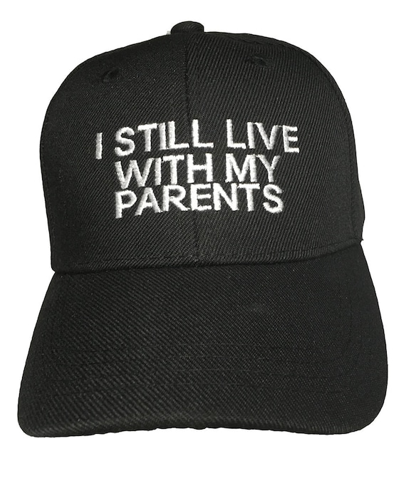 I Still Live With My Parents (Youth Size Dad Cap Polo Style Ball Cap - Black with White Stitching)