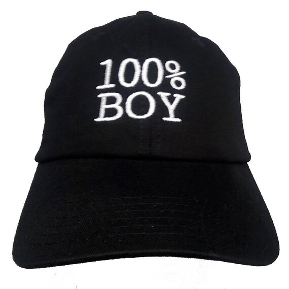 100% BOY (Youth Dad Cap Polo Style Ball Cap - Black with White Stitching