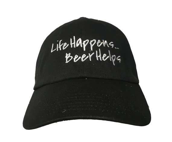 Life Happens Beer Helps - Polo Style Ball Cap (Black with White Stitching)
