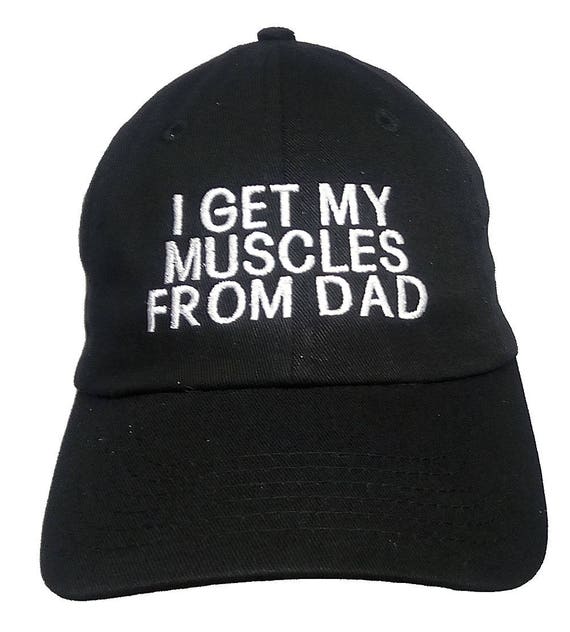 I Get My Muscles From Dad (Youth Dad Cap Polo Style Ball Cap - Black with White Stitching)