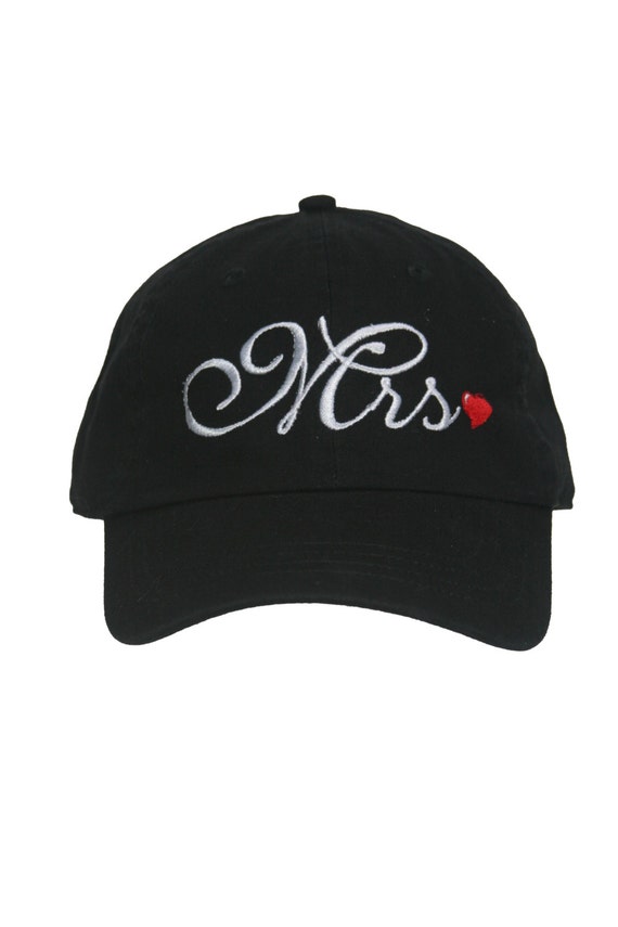 Set of Ball Caps Mr and Mrs. - Script  - Ball Cap (Black with White Stitching and Red heart)