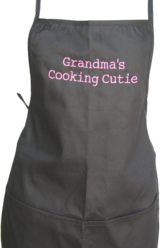 Grandma's Cooking Cutie (Youth Apron with Pockets) Black with Pink Stitching