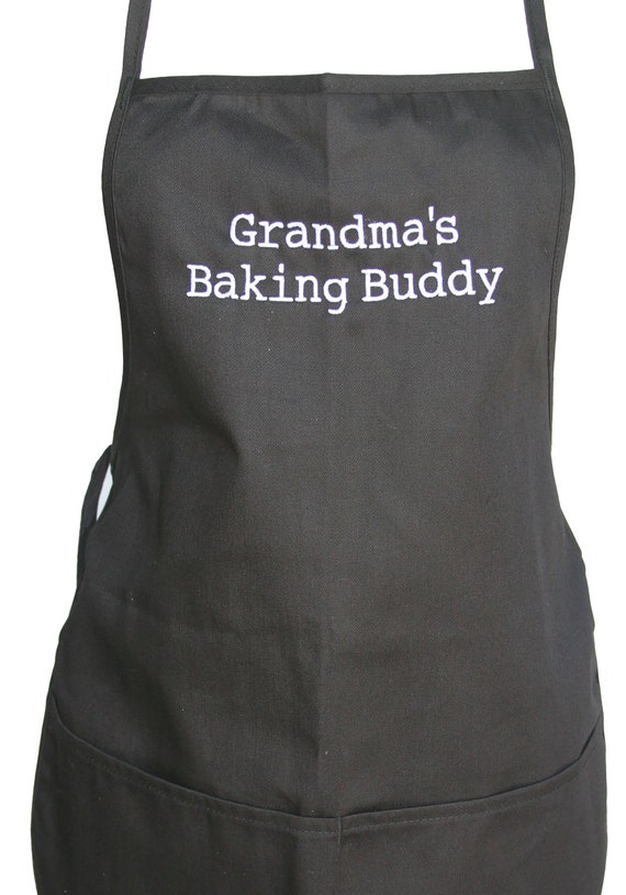 Grandma's Baking Buddy (Youth Apron with Pockets) Black with White Stitching