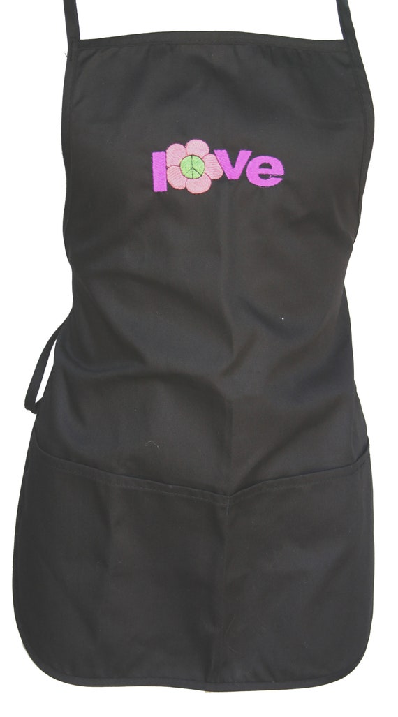 Love Flower Peace Sign (Youth Apron with Pockets) Black with Purple Stitching