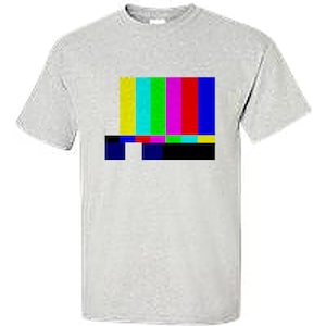 May include: A gray t-shirt with a colorful television test pattern graphic printed on the front.