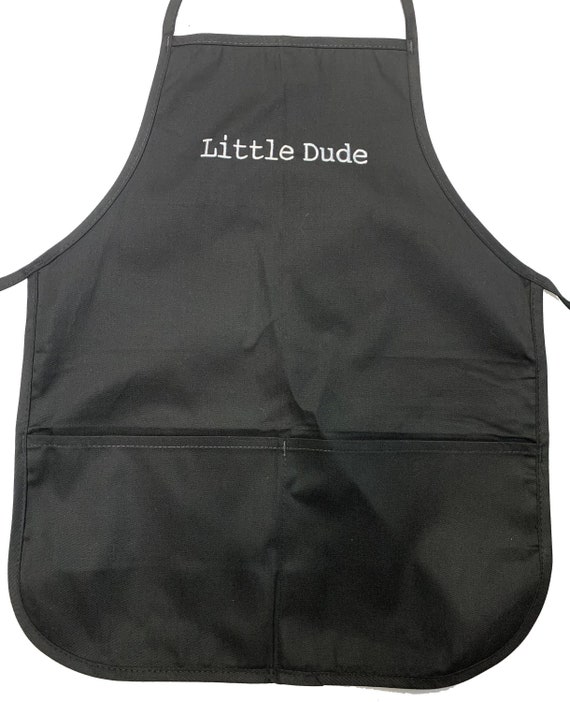 Little Dude (Youth Apron with Pockets) Black with White Stitching