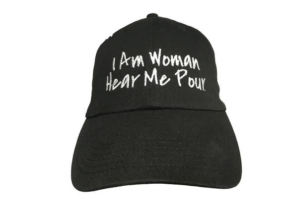 I Am Woman Hear Me Pour - Polo Style Ball Cap (Black with White Stitching)