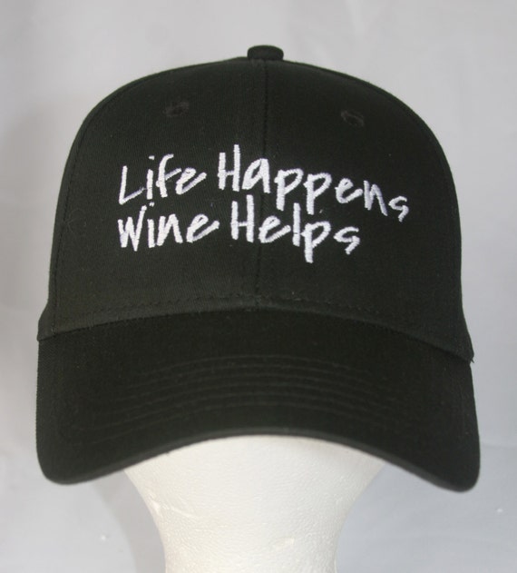 Life Happens Wine Helps - Polo Style Ball Cap (Black with White Stitching)