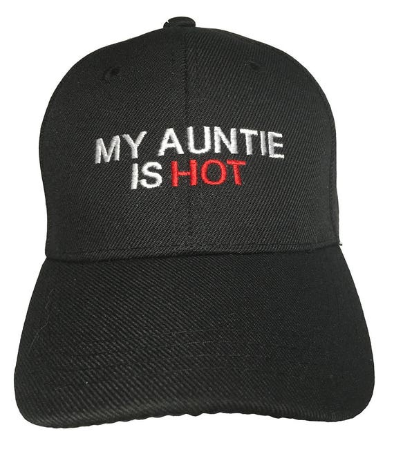 My Auntie is Hot (Youth Size Dad Cap Polo Style Ball Cap - Black with White Stitching)