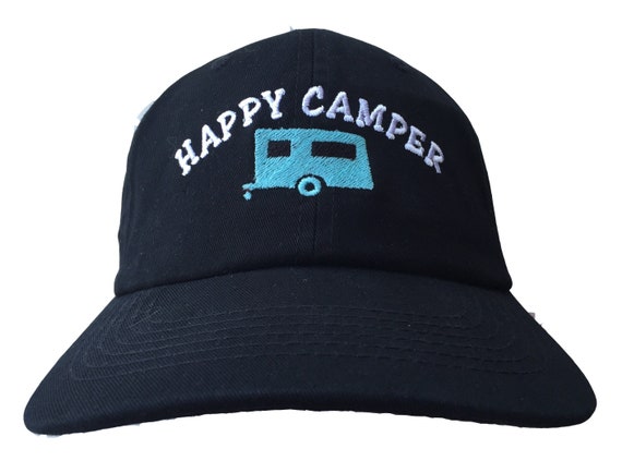 Happy Camper (Polo Style Ball Cap - Black with White Stitching