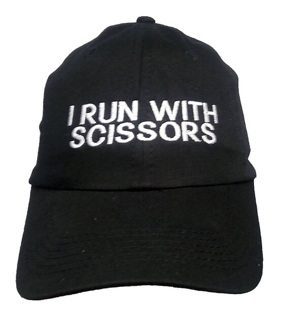 I Run With Scissors  (Youth Dad Cap Polo Style Ball Cap - Black with White Stitching)